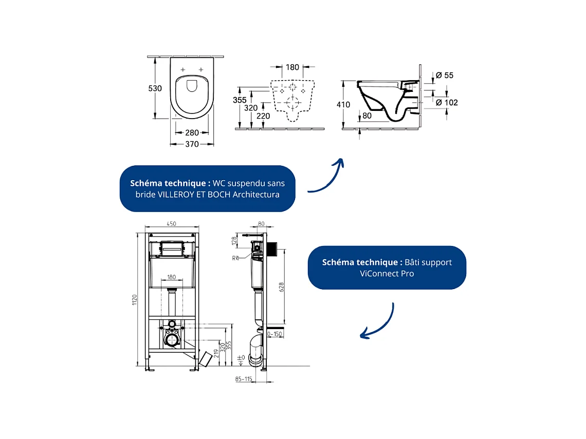 Pack WC sans bride VILLEROY ET BOCH Architectura abattant + bâti-support sol et mur + plaque chromée brillant  + Tabouret blanc