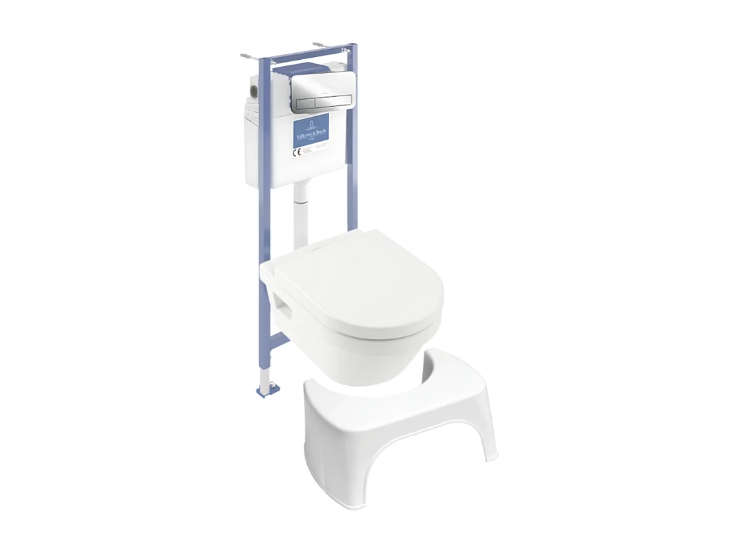 Pack WC sans bride VILLEROY ET BOCH Architectura abattant + bâti-support sol et mur + plaque chromée brillant  + Tabouret blanc
