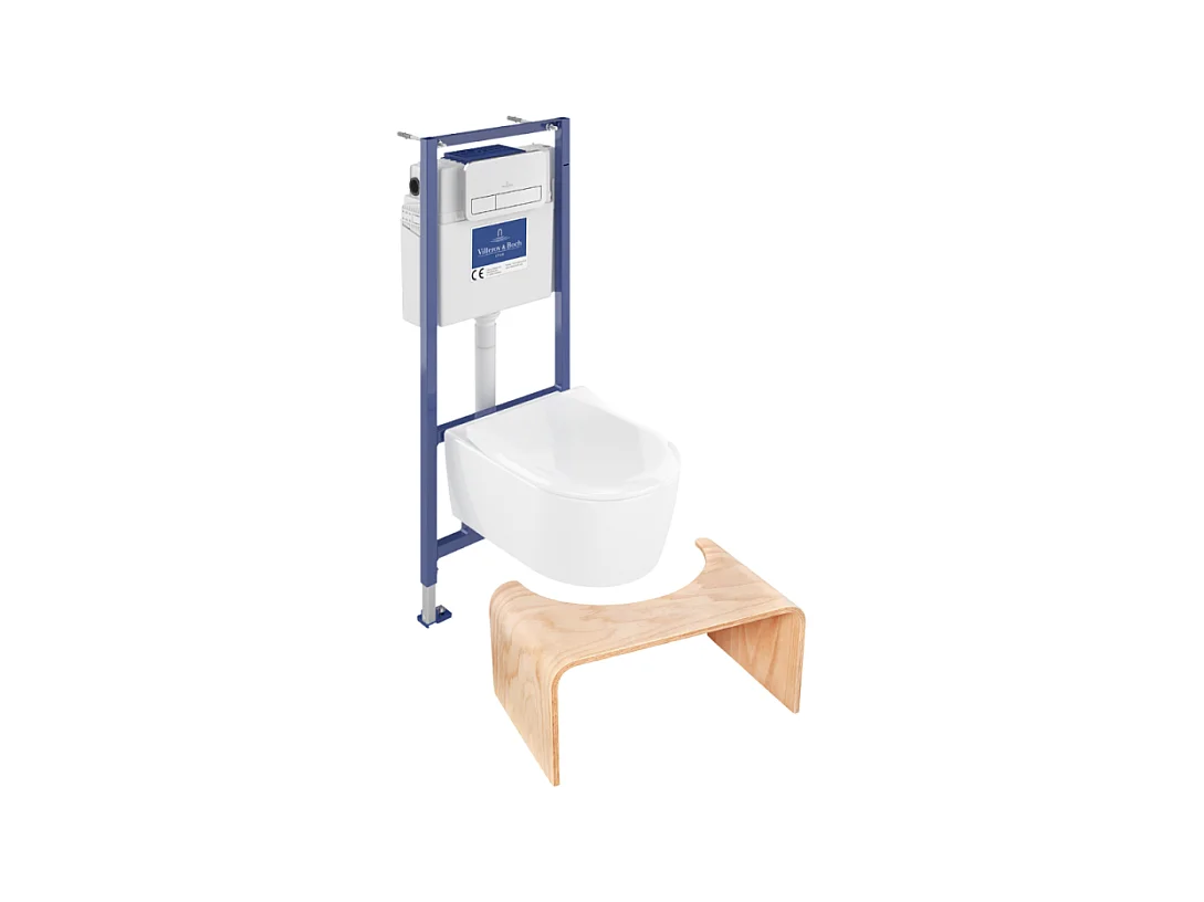 Pack WC sans bride VILLEROY ET BOCH Avento + Bâti support + abattant frein de chute + plaque chromée mat  + Tabouret bois