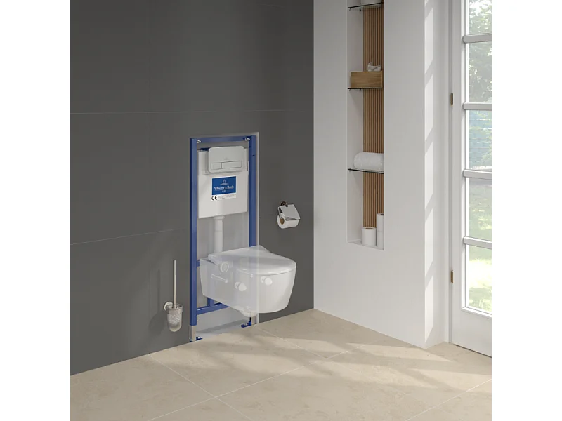 Pack WC sans bride VILLEROY ET BOCH Avento + Bâti support + abattant frein de chute + plaque chromée mat  + Tabouret bois