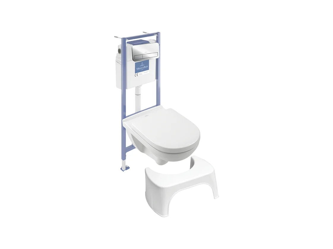 Pack WC sans bride VILLEROY ET BOCH O novo abattant frein de chute + bâti-support sol et mur + plaque Chromé  + Tabouret blanc