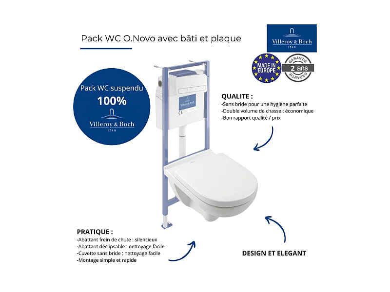 Pack WC sans bride VILLEROY ET BOCH O novo abattant frein de chute + bâti-support sol et mur + plaque Chromé  + Tabouret blanc