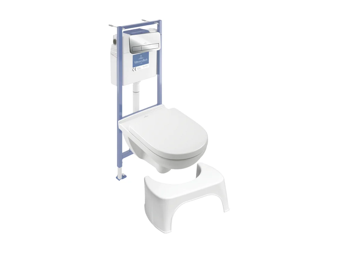 Pack WC sans bride VILLEROY ET BOCH O novo abattant frein de chute + bâti-support sol et mur + plaque Chromé  + Tabouret blanc