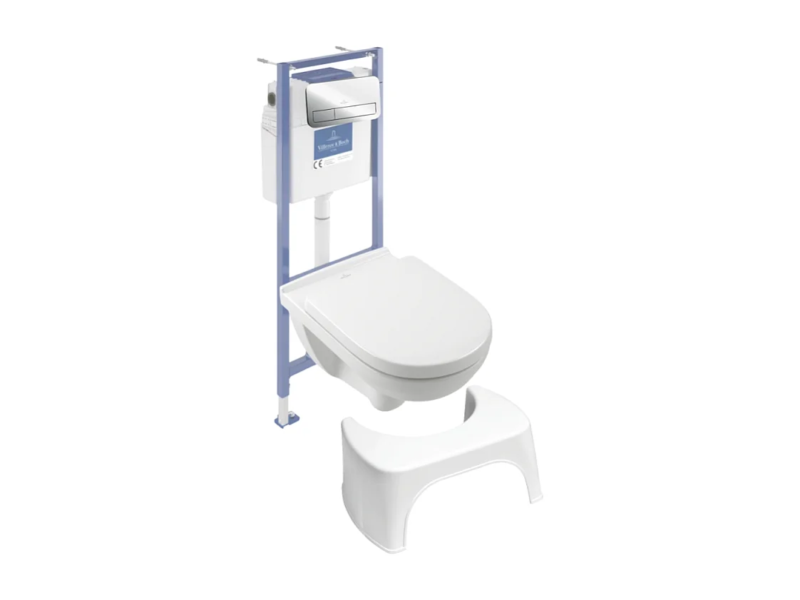 Pack WC sans bride VILLEROY ET BOCH O novo abattant frein de chute + bâti-support sol et mur + plaque Chromé  + Tabouret blanc