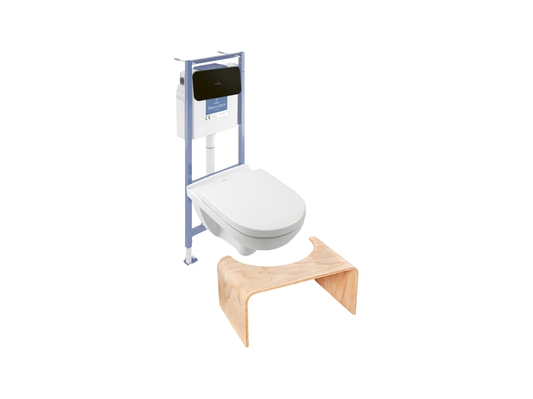 Pack WC sans bride VILLEROY ET BOCH O novo avec abattant frein de chute + bâti Viconnect PRO + plaque noir mat  + Tabouret bois