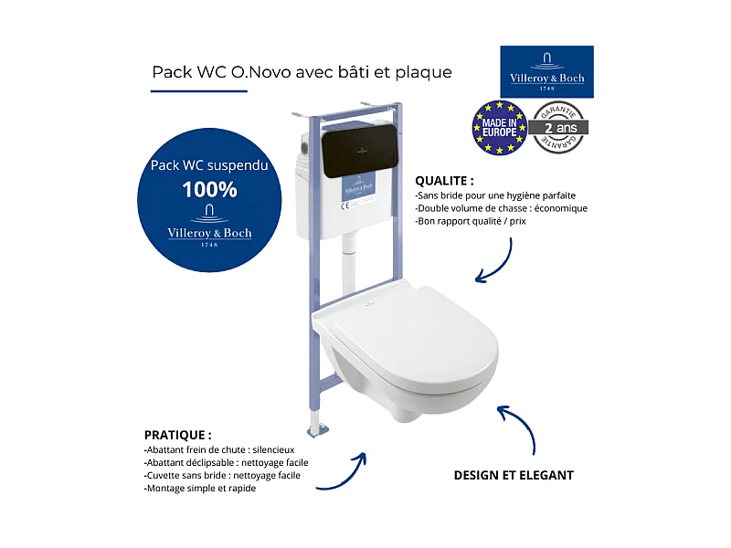 Pack WC sans bride VILLEROY ET BOCH O novo avec abattant frein de chute + bâti Viconnect PRO + plaque noir mat  + Tabouret bois