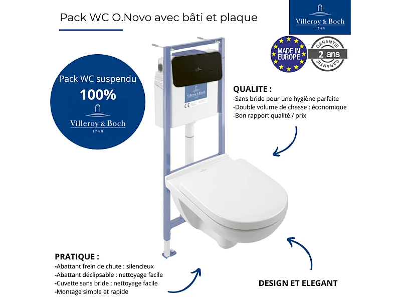 Pack WC sans bride VILLEROY ET BOCH O novo avec abattant frein de chute + bâti Viconnect PRO + plaque noir mat  + Tabouret bois