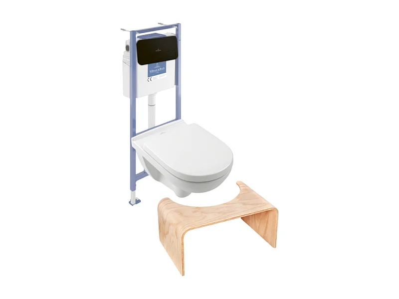 Pack WC sans bride VILLEROY ET BOCH O novo avec abattant frein de chute + bâti Viconnect PRO + plaque noir mat  + Tabouret bois