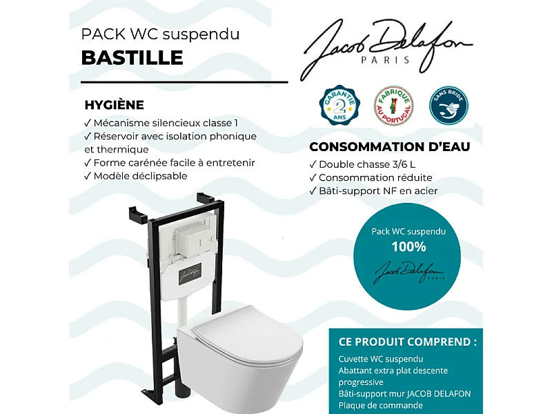 Pack WC suspendu sans bride JACOB DELAFON Bastille + bâti support + plaque de commande blanche