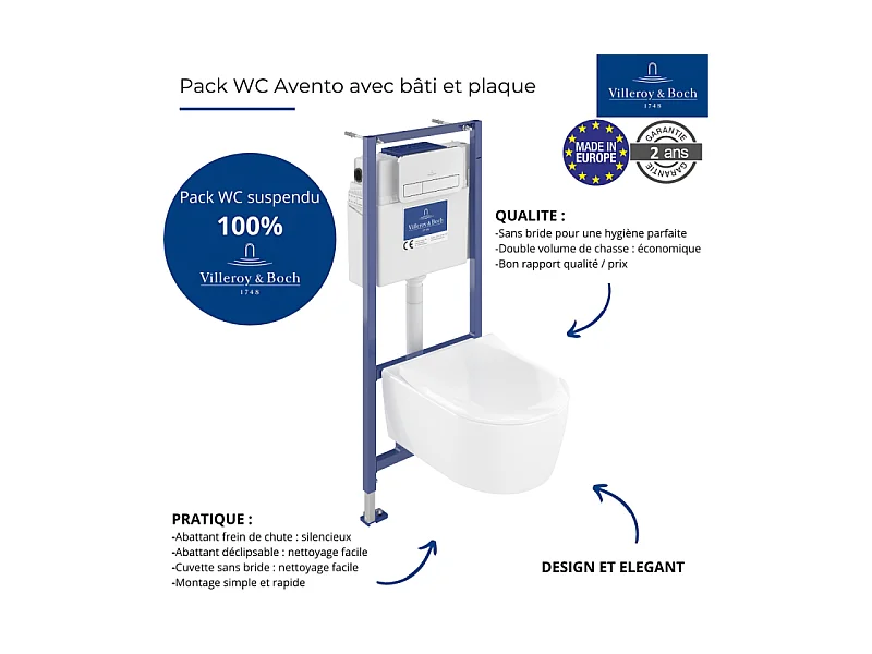 Pack WC sans bride VILLEROY ET BOCH Avento + Bâti support + abattant frein de chute + plaque chromée  + Tabouret blanc
