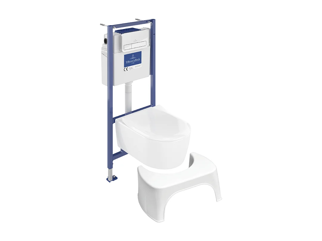 Pack WC sans bride VILLEROY ET BOCH Avento + Bâti support + abattant frein de chute + plaque chromée  + Tabouret blanc