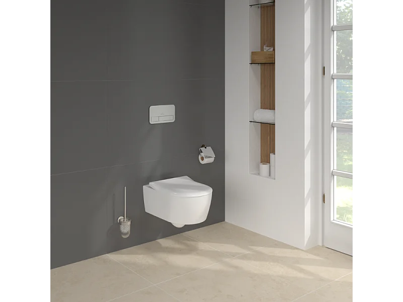 Pack WC sans bride VILLEROY ET BOCH Avento + Bâti support + abattant frein de chute + plaque chromée  + Tabouret blanc