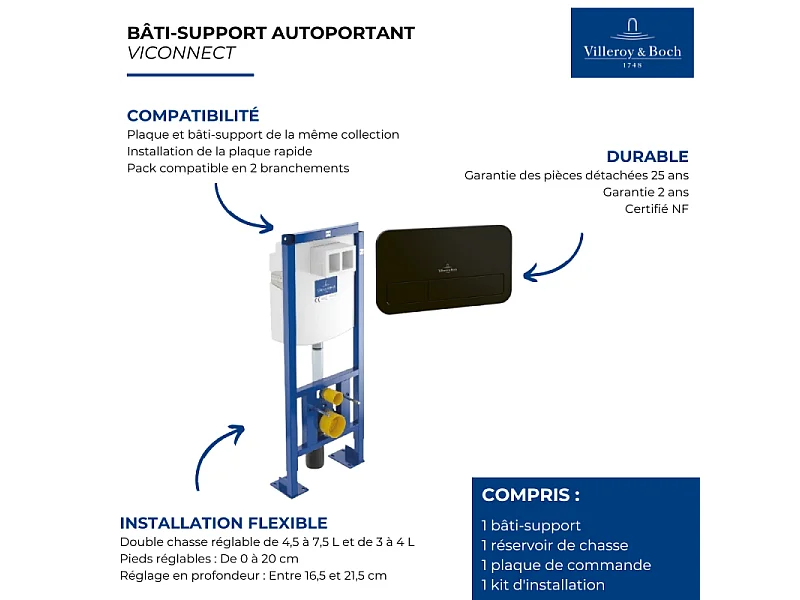 Bâti-support autoportant WC VILLEROY ET BOCH Viconnect avec plaque noir