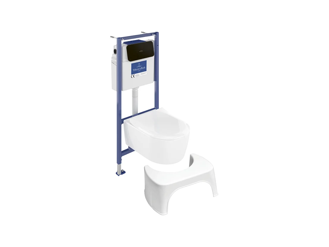 Pack WC sans bride VILLEROY ET BOCH Avento + Bâti support + abattant frein de chute + plaque noir mat  + Tabouret blanc