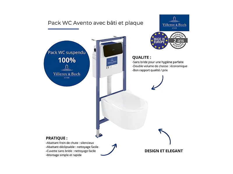Pack WC sans bride VILLEROY ET BOCH Avento + Bâti support + abattant frein de chute + plaque noir mat  + Tabouret blanc