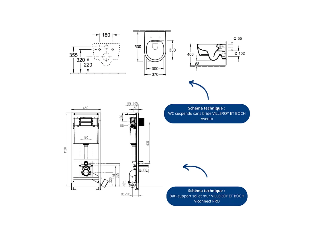 Pack WC sans bride VILLEROY ET BOCH Avento + Bâti support + abattant frein de chute + plaque noir mat  + Tabouret blanc