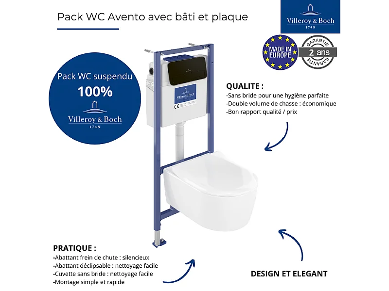 Pack WC sans bride VILLEROY ET BOCH Avento + Bâti support + abattant frein de chute + plaque noir mat  + Tabouret blanc