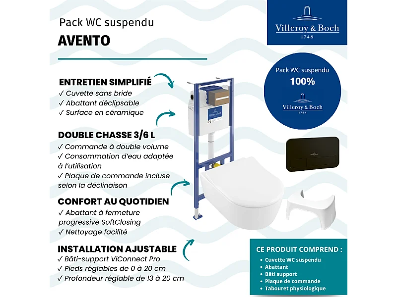 Pack WC suspendu sans bride VILLEROY ET BOCH Avento + abattant + bâti-support sol et mur + plaque noire mate + tabouret physiologique