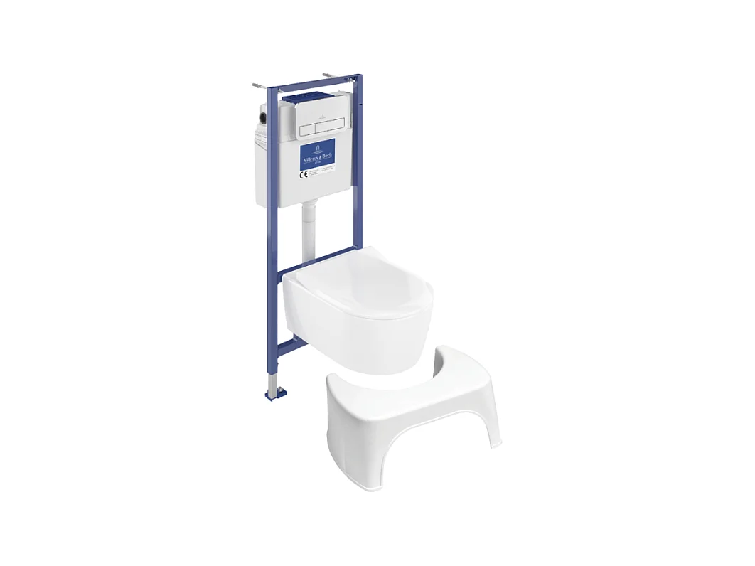 Pack WC sans bride VILLEROY ET BOCH Avento + Bâti support + abattant frein de chute + plaque chromée mat  + Tabouret blanc