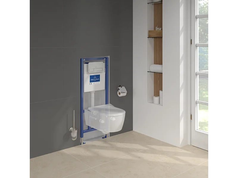 Pack WC sans bride VILLEROY ET BOCH Avento + Bâti support + abattant frein de chute + plaque chromée mat  + Tabouret blanc