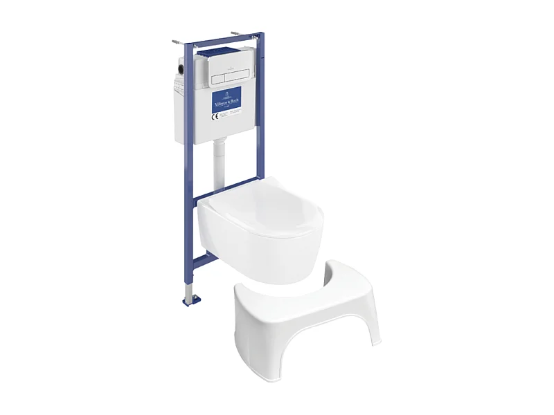 Pack WC sans bride VILLEROY ET BOCH Avento + Bâti support + abattant frein de chute + plaque chromée mat  + Tabouret blanc