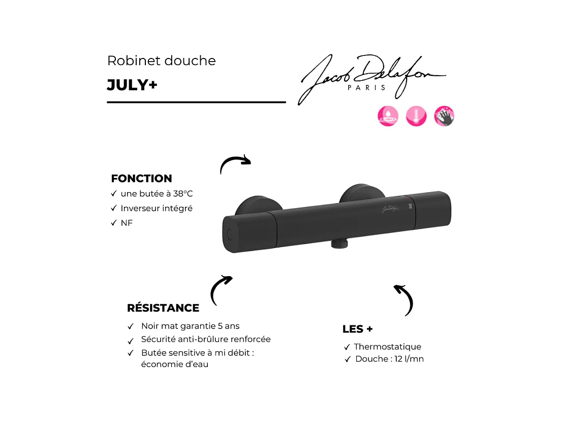 Mitigeur douche thermostatique JACOB DELAFON July+ noir mat