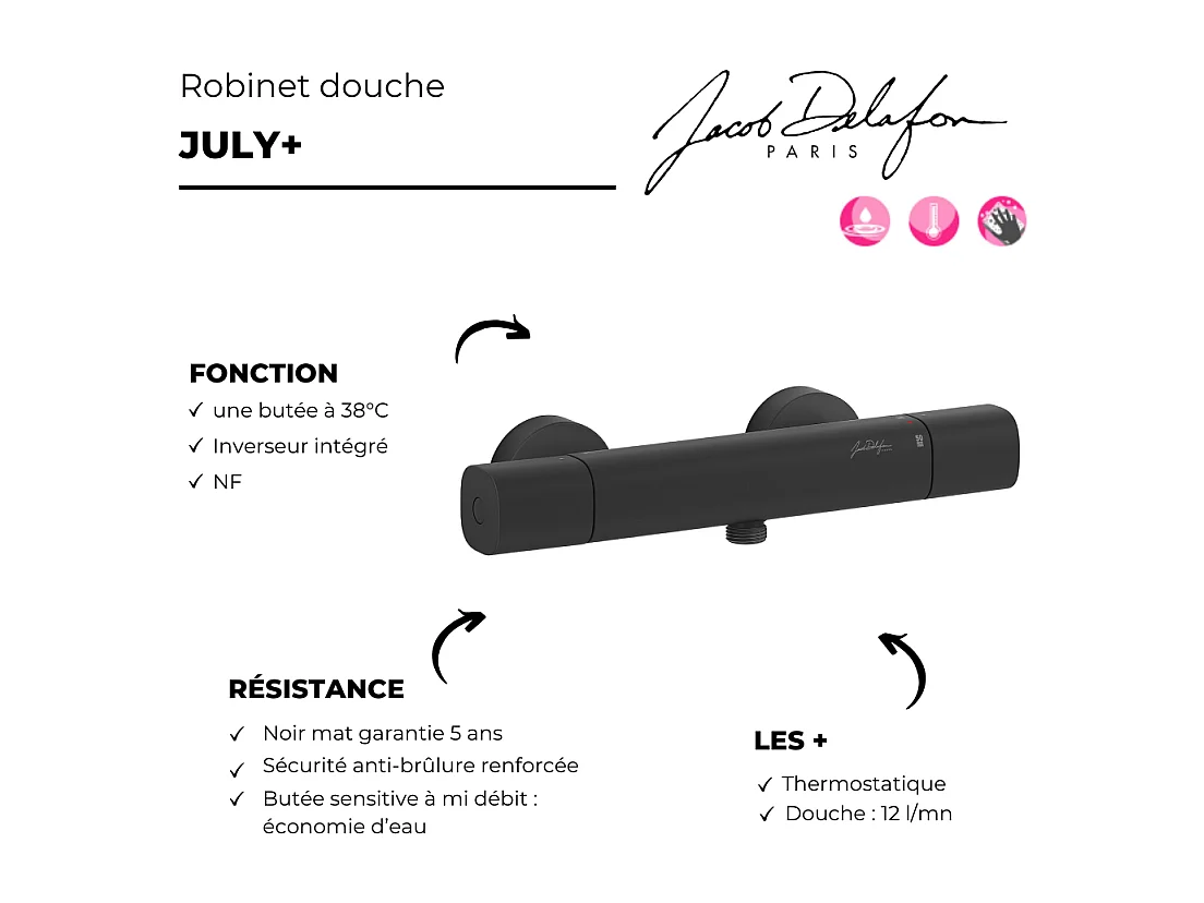 Mitigeur douche thermostatique JACOB DELAFON July+ noir mat