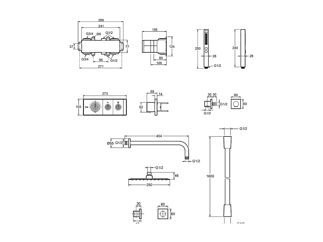 Colonne de douche encastrée thermostatique JACOB DELAFON Grands Boulevards carrée chromée