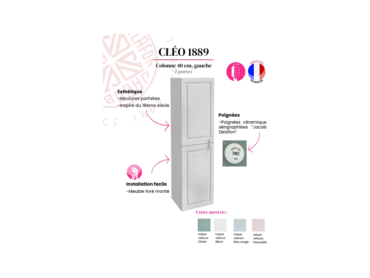 Colonne de salle de bain JACOB DELAFON Cléo 1889 blanc velours version gauche