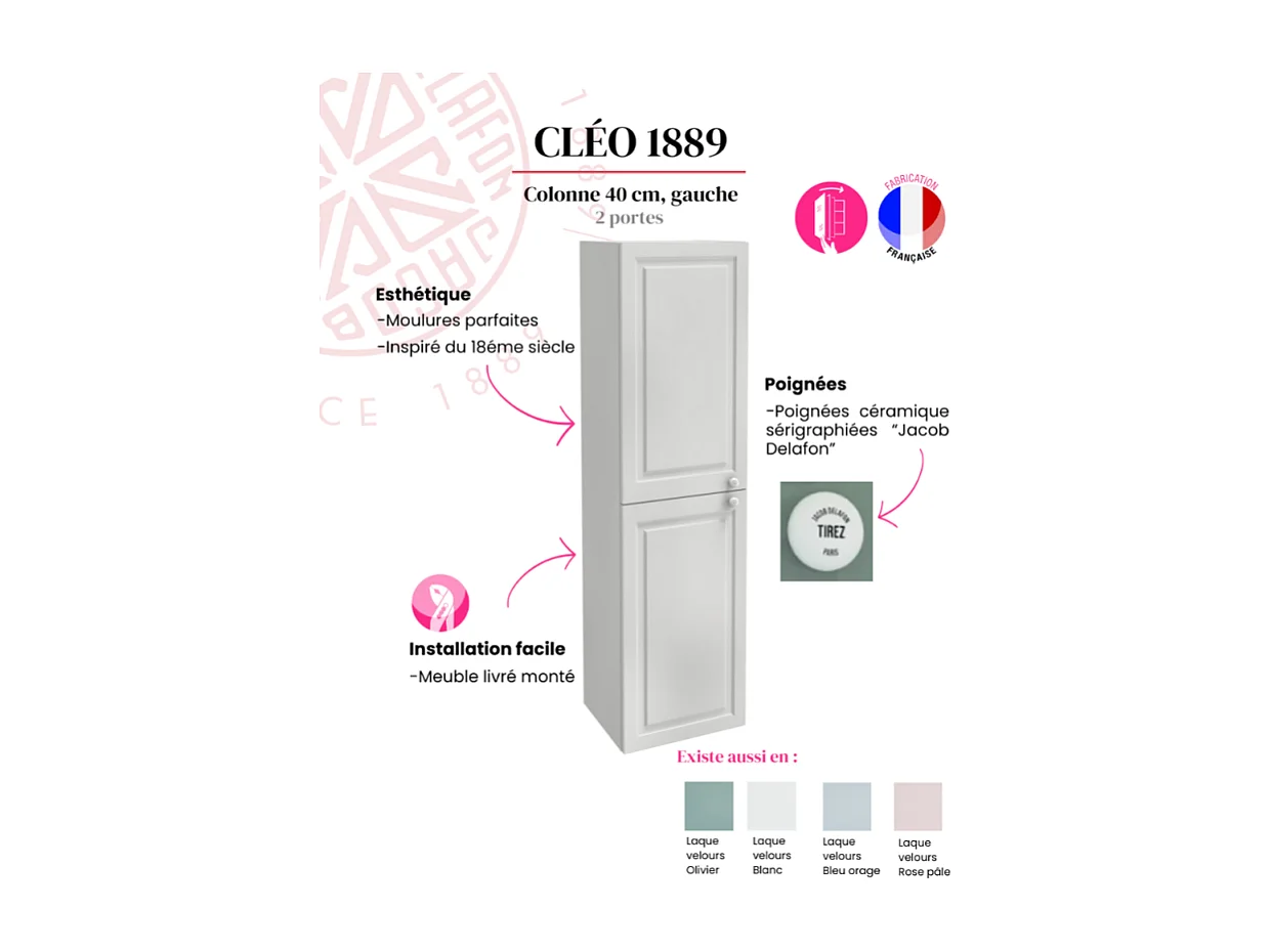 Colonne de salle de bain JACOB DELAFON Cléo 1889 blanc velours version gauche