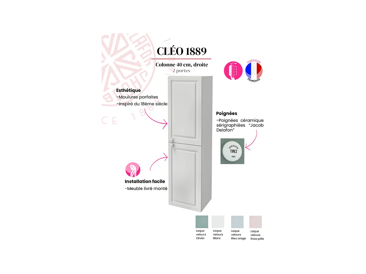 Colonne de salle de bain JACOB DELAFON Cléo 1889 blanc velours version droite