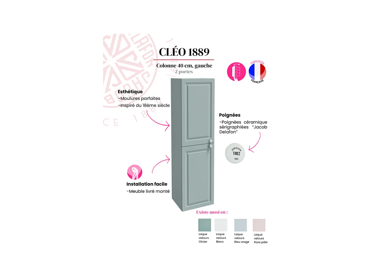 Colonne de salle de bain JACOB DELAFON Cléo 1889 bleu orage velours version gauche