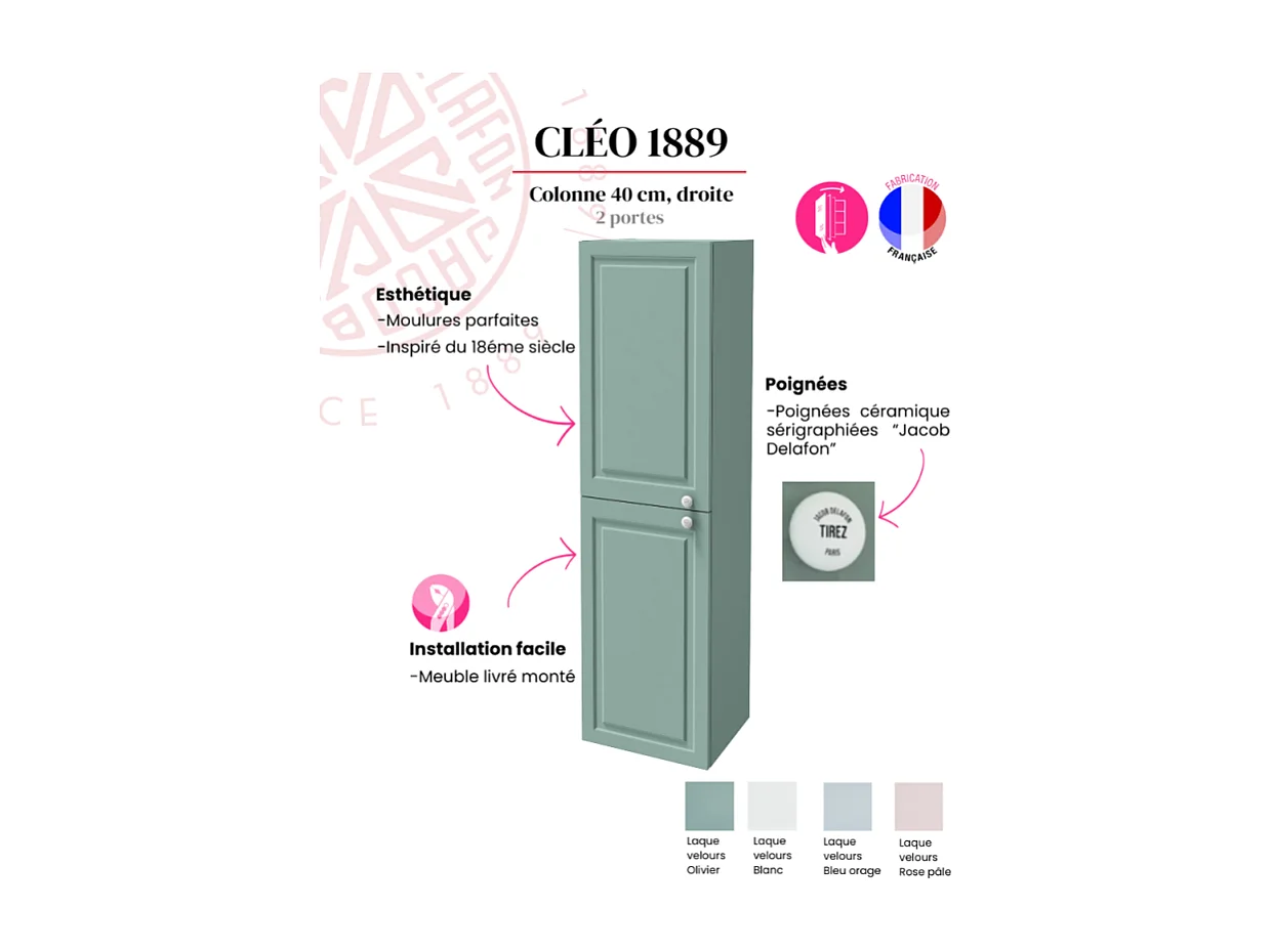 Colonne de salle de bain JACOB DELAFON Cléo 1889 Vert olivier velours version droite