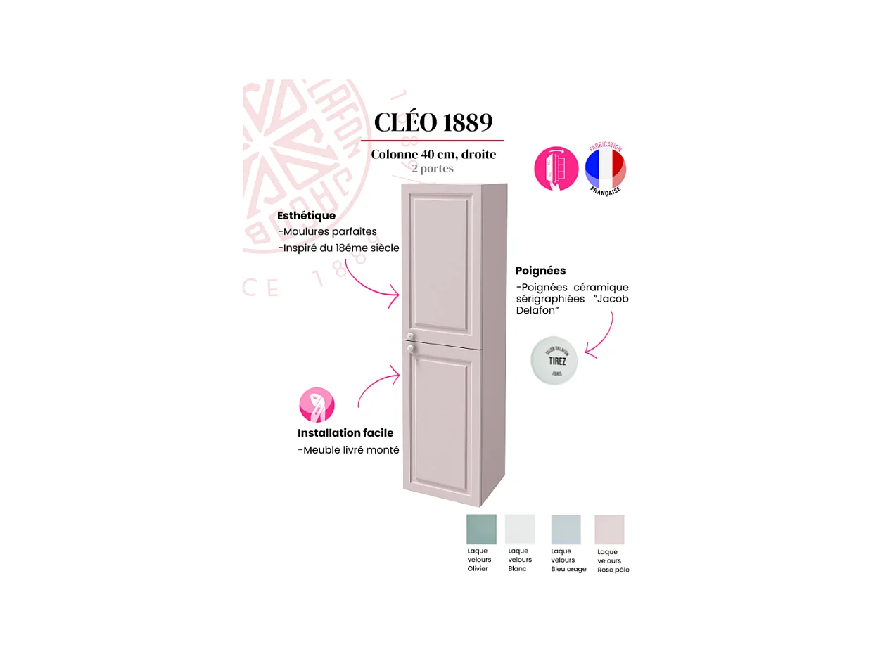 Colonne de salle de bain JACOB DELAFON Cléo 1889 rose pâle velours version droite