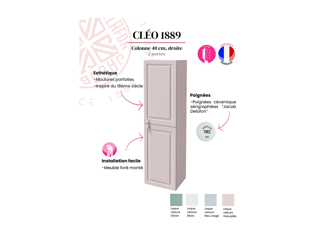 Colonne de salle de bain JACOB DELAFON Cléo 1889 rose pâle velours version droite