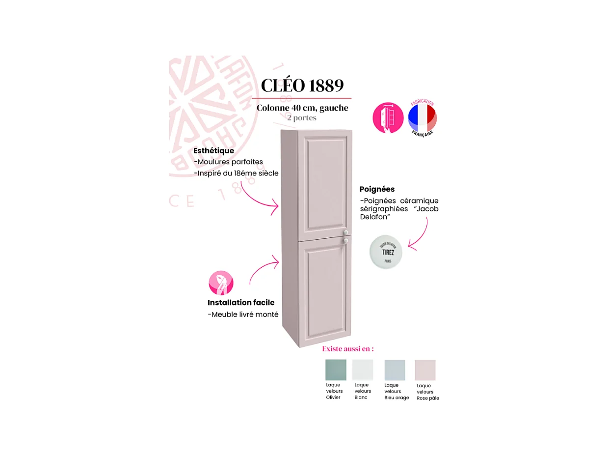 Colonne de salle de bain JACOB DELAFON Cléo 1889 rose pâle velours version gauche
