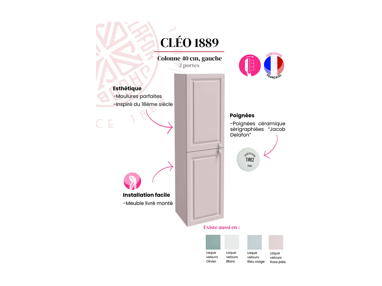 Colonne de salle de bain JACOB DELAFON Cléo 1889 rose pâle velours version gauche