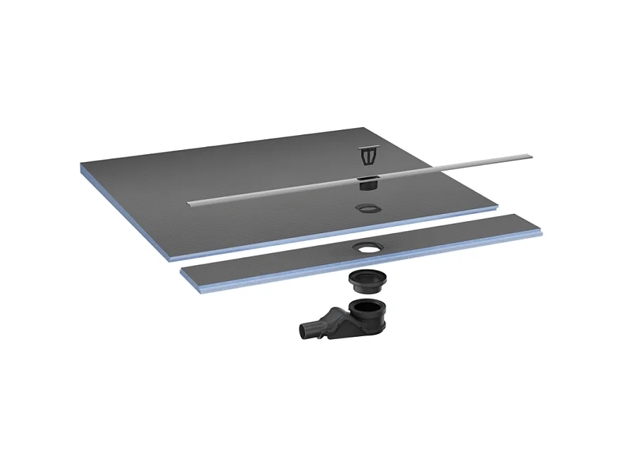 Pack receveur de douche pré-penté 104 x 120 x 3,8 cm WEDI Fundo Flex béton + bonde horizontale + écoulement linéaire + support