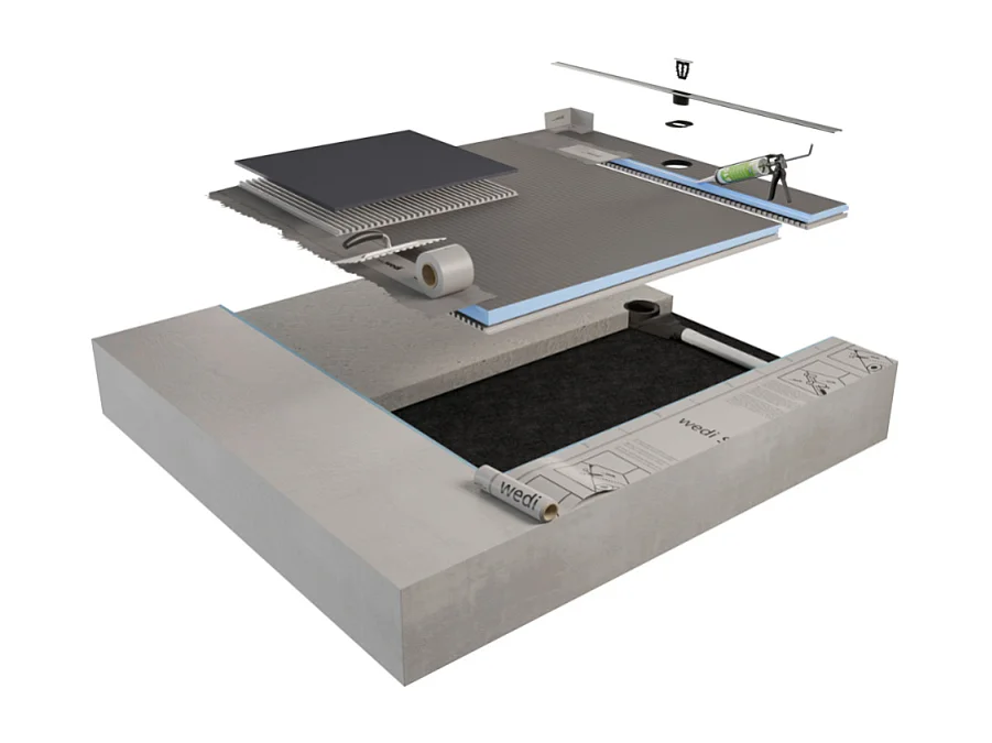 Pack receveur de douche pré-penté 104 x 120 x 3,8 cm WEDI Fundo Flex béton + bonde horizontale + écoulement linéaire + support