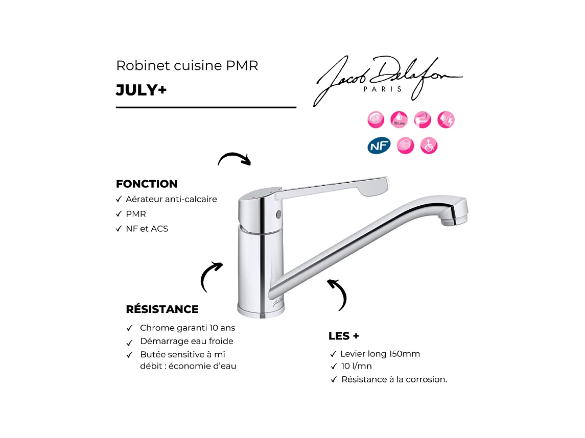 Robinet cuisine bec bas PMR JACOB DELAFON July+ chromé