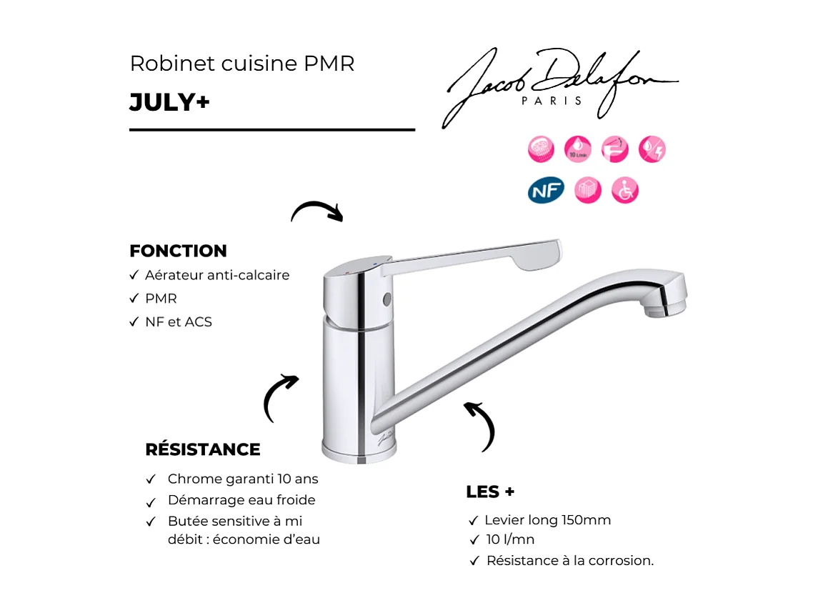Robinet cuisine bec bas PMR JACOB DELAFON July+ chromé