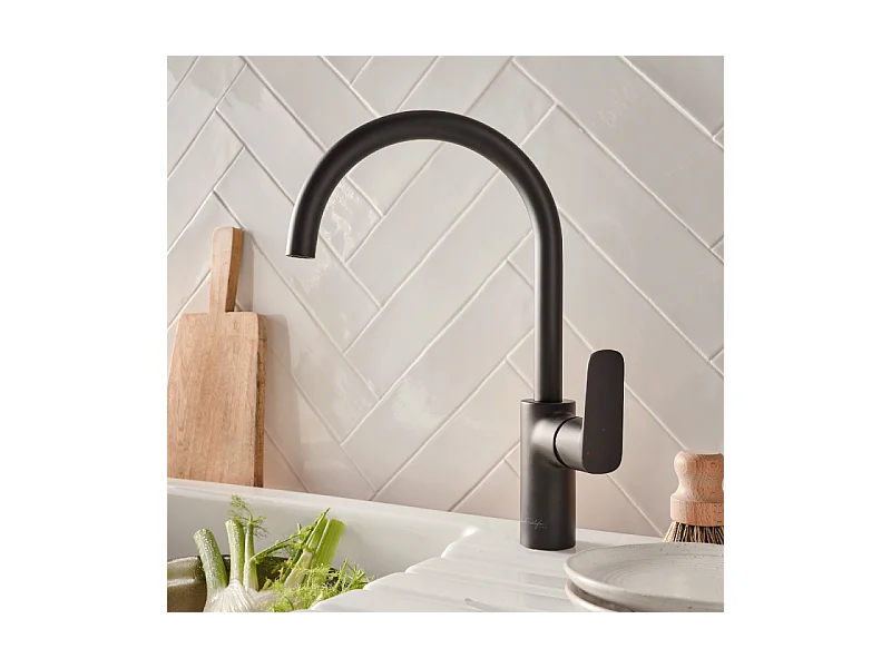 Robinet cuisine JACOB DELAFON July+ col de cygne et orientable noir mat
