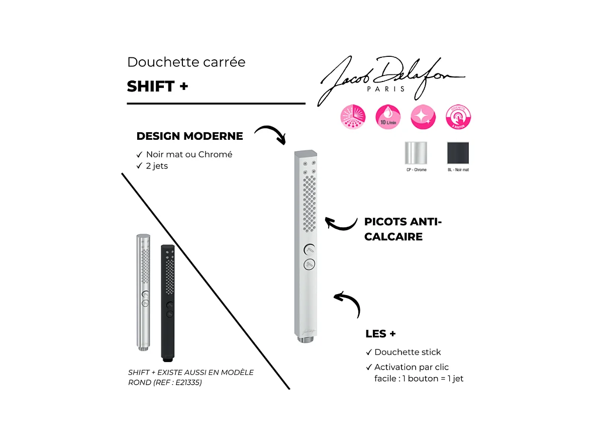Pommeau de douche JACOB DELAFON Shift+ carré 2 jets chromé
