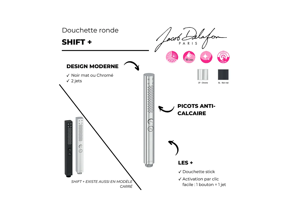 Pommeau de douche JACOB DELAFON Shift+ rond 2 jets chromé