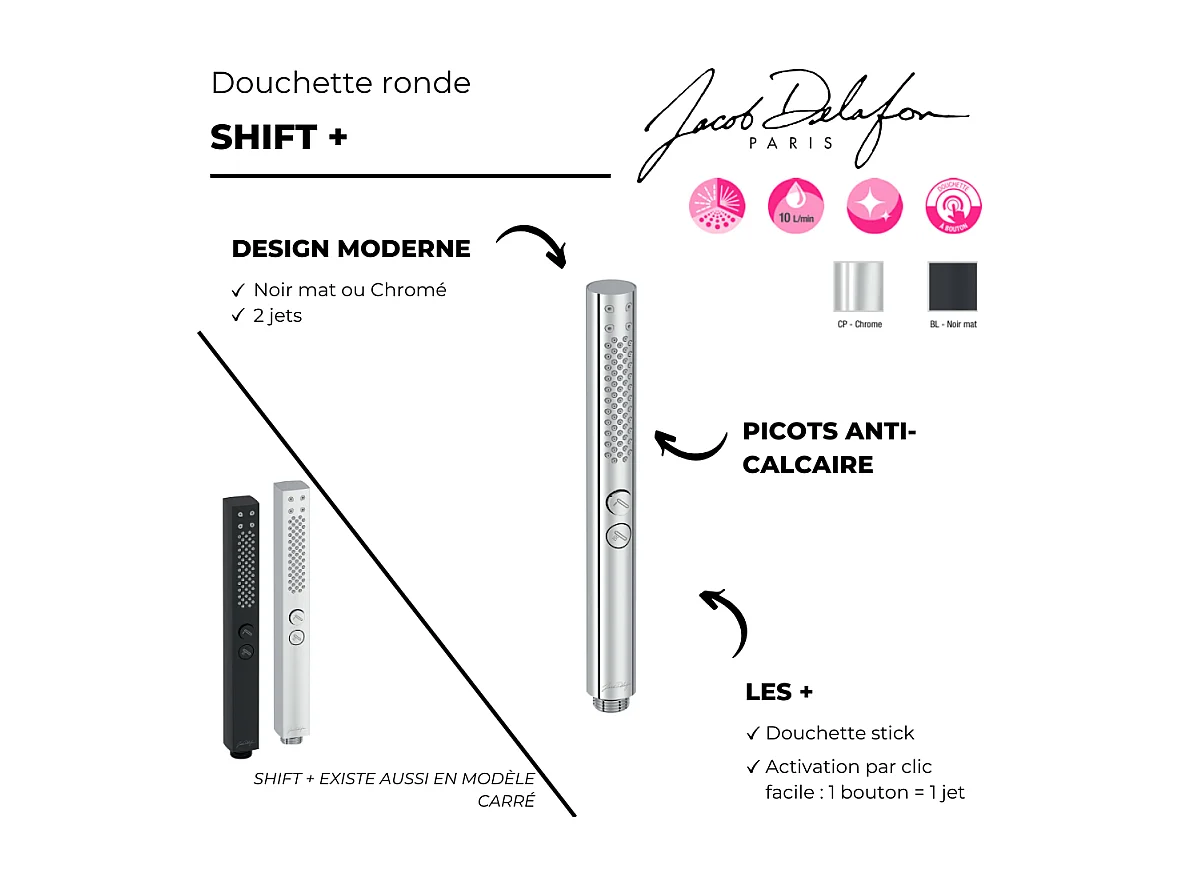 Pommeau de douche JACOB DELAFON Shift+ rond 2 jets chromé