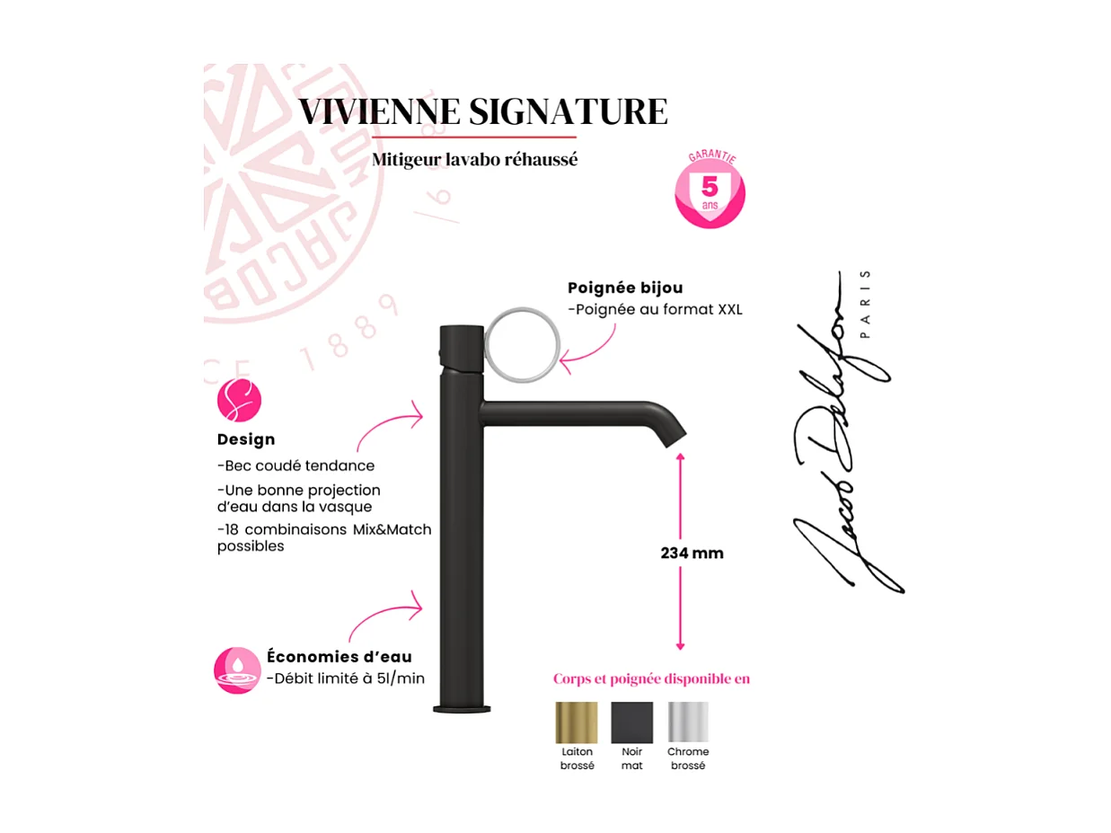 Mitigeur lavabo haut JACOB DELAFON Vivienne noir mat avec bague laiton brossée