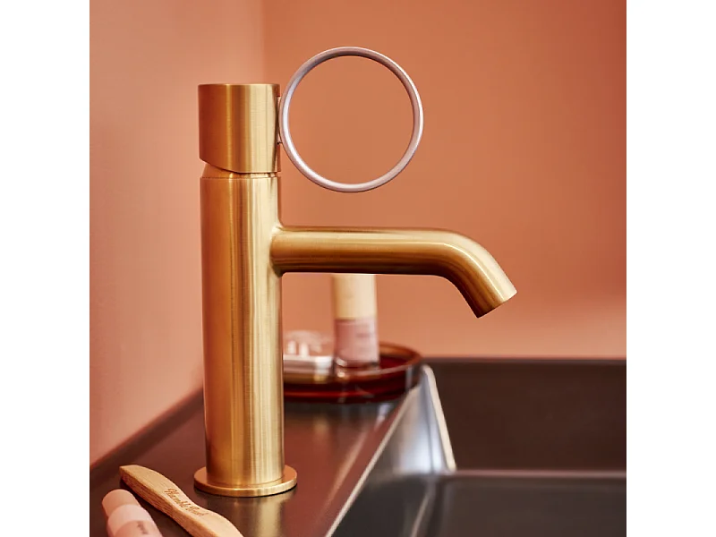 Mitigeur lavabo bas JACOB DELAFON Vivienne laiton brossé avec bague chromée brossée