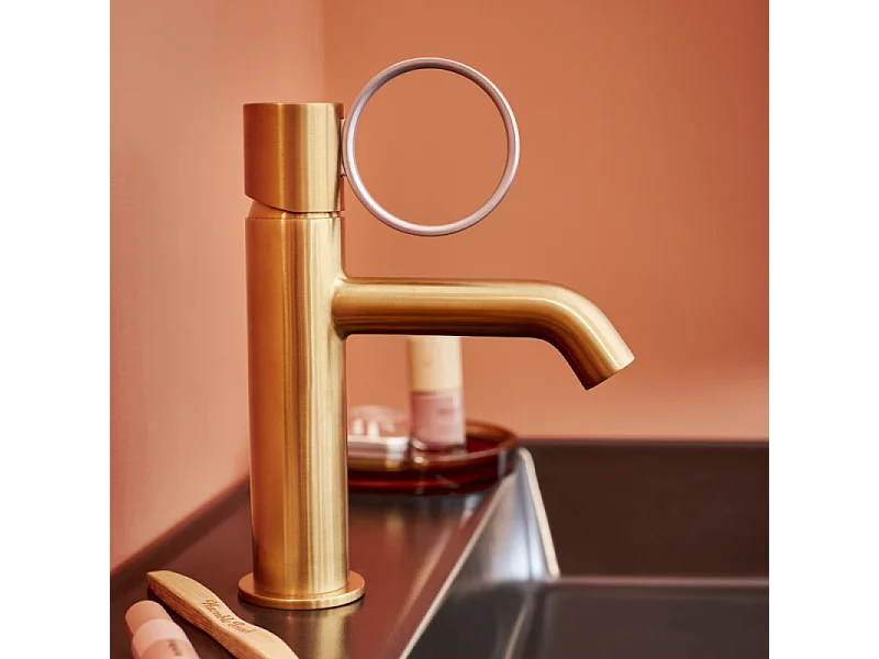 Mitigeur lavabo bas JACOB DELAFON Vivienne laiton brossé avec bague chromée brossée