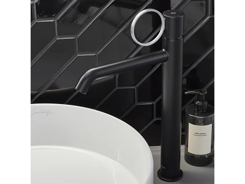 Mitigeur lavabo haut JACOB DELAFON Vivienne noir mat avec bague chromée brossée