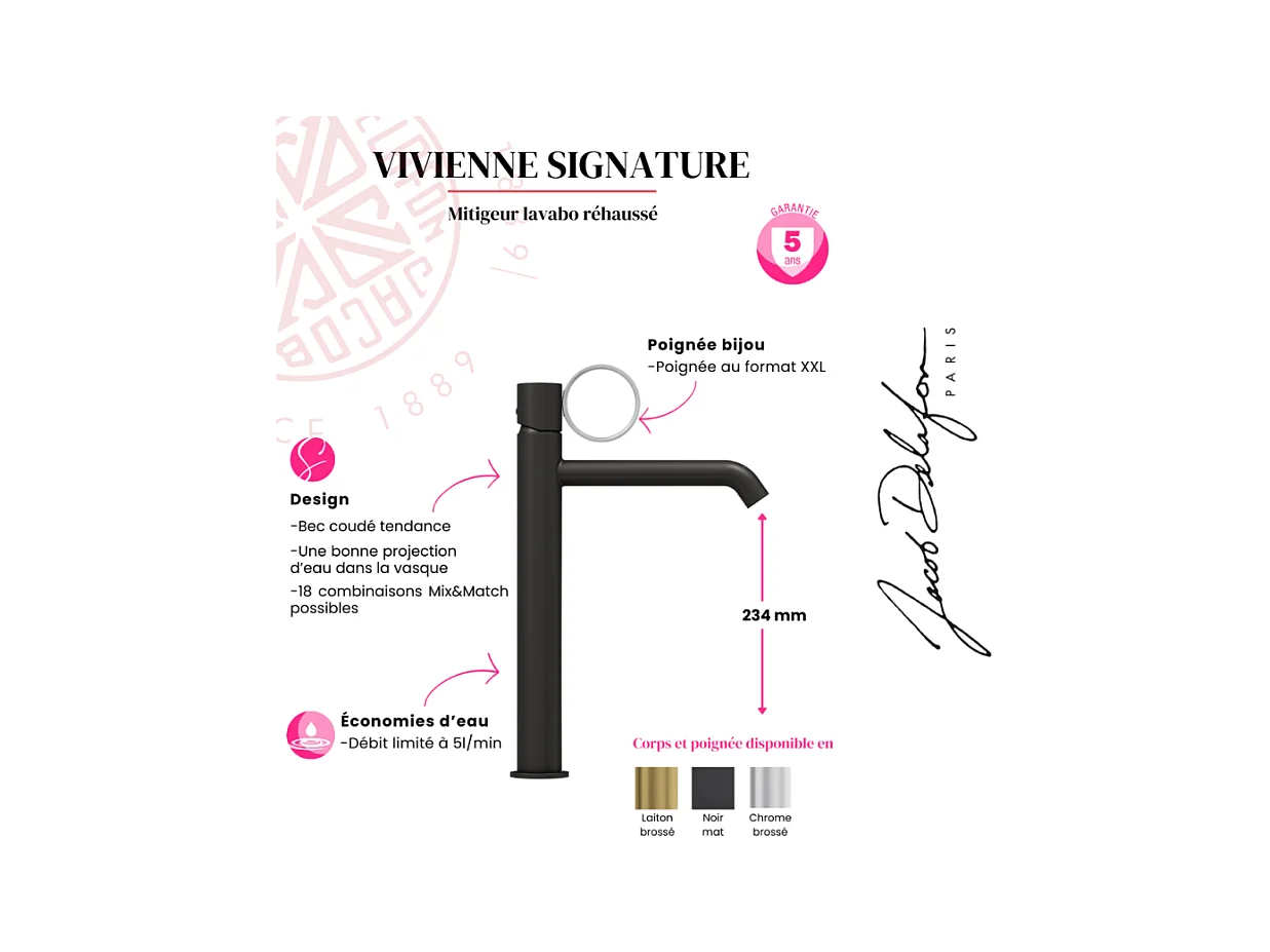 Mitigeur lavabo haut JACOB DELAFON Vivienne noir mat avec bague noire mate